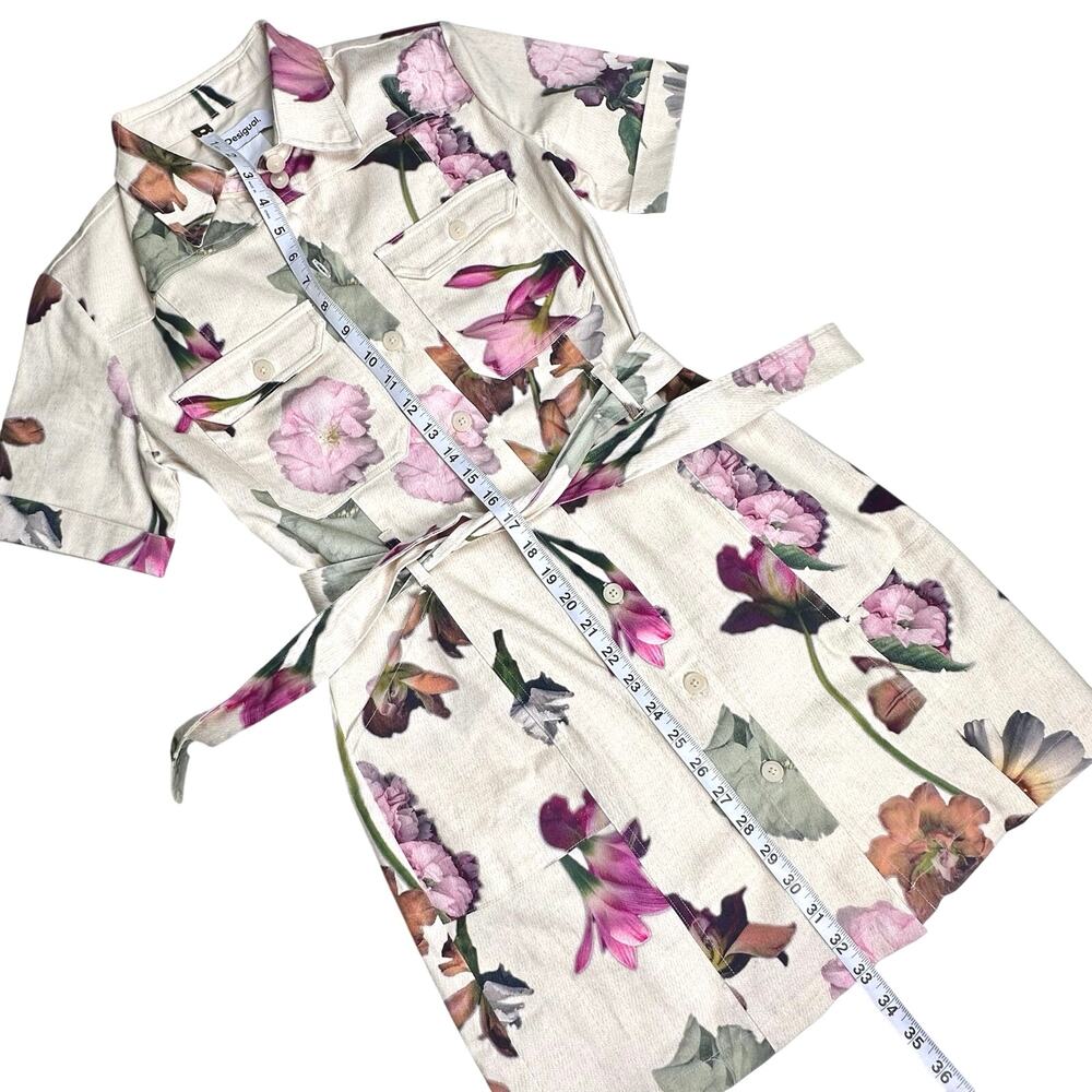 Desigual | Women | Cream Floral Spring Utility Belted Mini Shirt Dress | Medium - Picture 6 of 16